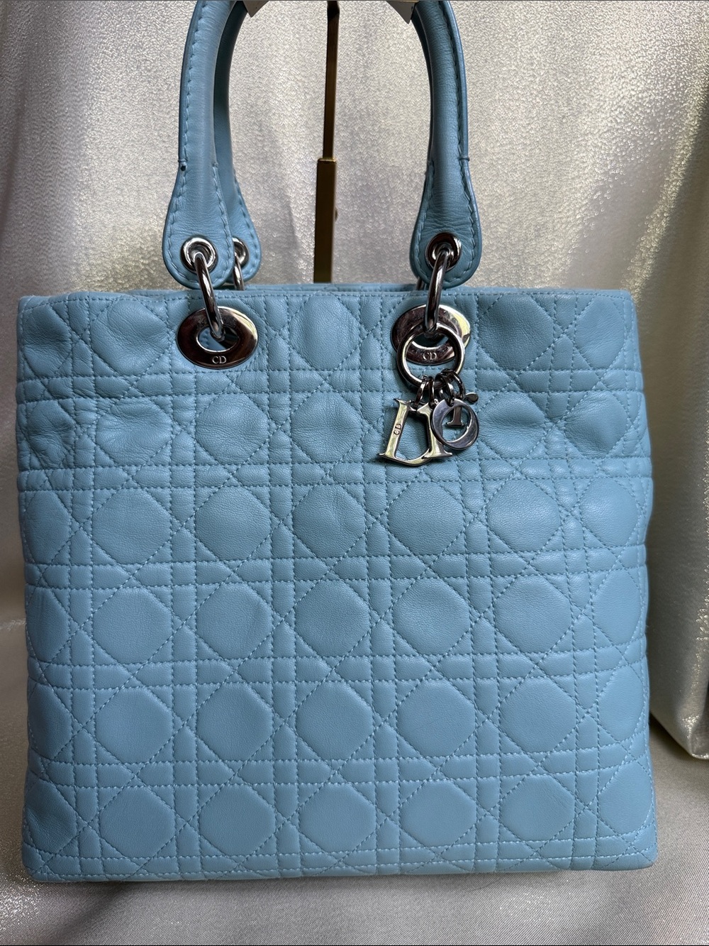 Dior Light Seafoam Quilted Leather Tote with Silver Hardware